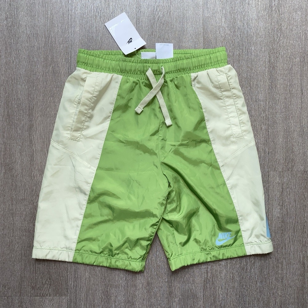 NWT Nike Boys Woven Green Blue Logo Drawstring Shorts Size Large